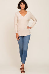 Beige Ribbed V-Neck Long Sleeve Top