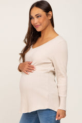 Beige Ribbed V-Neck Long Sleeve Maternity Top