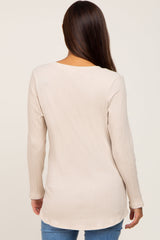 Beige Ribbed V-Neck Long Sleeve Maternity Top