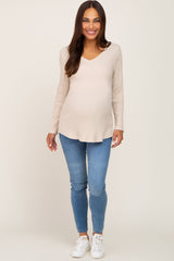 Beige Ribbed V-Neck Long Sleeve Maternity Top