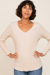 Beige Ribbed V-Neck Long Sleeve Top