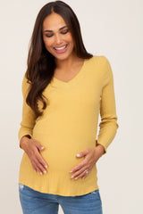 Yellow Ribbed V-Neck Long Sleeve Maternity Top