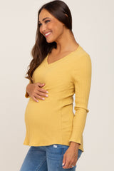 Yellow Ribbed V-Neck Long Sleeve Maternity Top