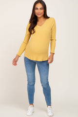 Yellow Ribbed V-Neck Long Sleeve Maternity Top