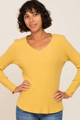 Yellow Ribbed V-Neck Long Sleeve Top