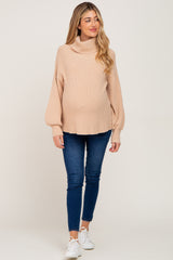 Beige Turtleneck Knit Maternity Sweater