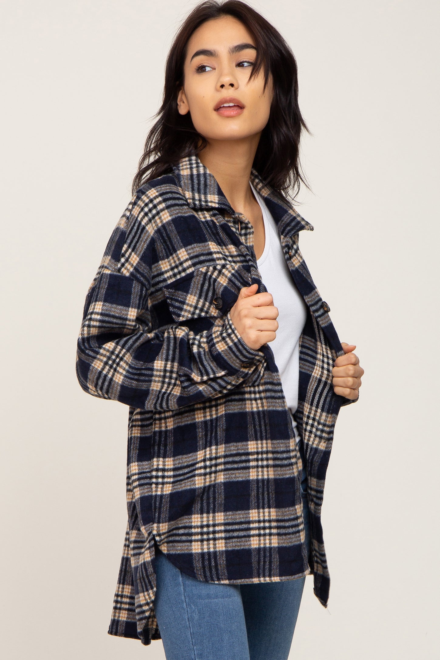 Navy Plaid Shirt Jacket – PinkBlush