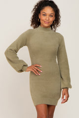 Olive Fuzzy Knit Puff Sleeve Maternity Sweater Dress