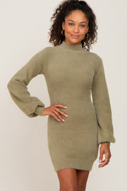 Olive Fuzzy Knit Puff Sleeve Sweater Dress