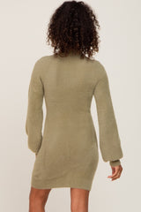 Olive Fuzzy Knit Puff Sleeve Sweater Dress