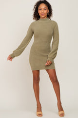 Olive Fuzzy Knit Puff Sleeve Sweater Dress