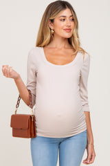 Beige Ribbed Scoop Neck Maternity Top