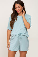 Light Green Pocket Front Maternity Pajama Short Set