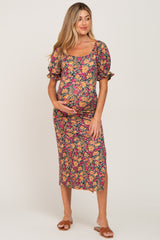 Navy Blue Floral Ribbed Maternity Midi Dress