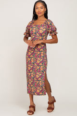 Navy Blue Floral Ribbed Maternity Midi Dress