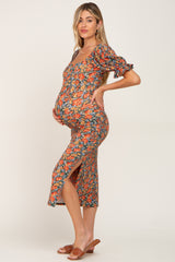 Olive Floral Ribbed Maternity Midi Dress