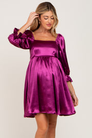 Magenta Satin Square Neck Babydoll Maternity Mini Dress