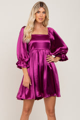 Magenta Satin Square Neck Babydoll Maternity Mini Dress