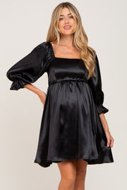 Black Satin Square Neck Babydoll Maternity Mini Dress