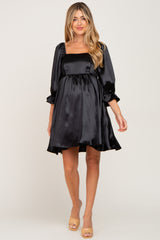 Black Satin Square Neck Babydoll Maternity Mini Dress