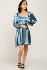 Aqua Satin Square Neck Babydoll Mini Dress