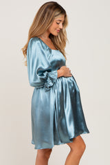 Aqua Satin Square Neck Babydoll Maternity Mini Dress