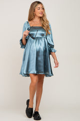 Aqua Satin Square Neck Babydoll Maternity Mini Dress