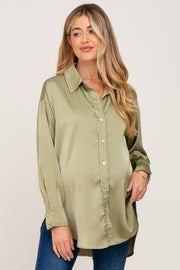 Light Olive Satin Button Up Maternity Blouse