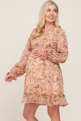 Taupe Paisley Print Long Sleeve Maternity Dress