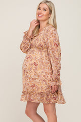 Taupe Paisley Print Long Sleeve Maternity Dress