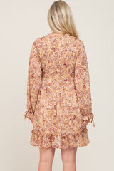 Taupe Paisley Print Long Sleeve Maternity Dress