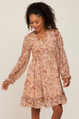 Taupe Paisley Print Long Sleeve Maternity Dress