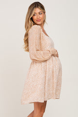 Taupe Floral Square Neck Maternity Dress