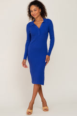 Royal Blue Ribbed Side Slit Long Sleeve Maternity Dress