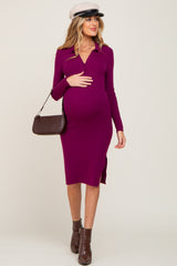 Plum Ribbed Side Slit Long Sleeve Maternity Dress