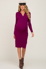 Plum Ribbed Side Slit Long Sleeve Maternity Dress