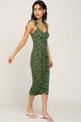 Green Ditsy Floral Ruched Shoulder Tie Dress