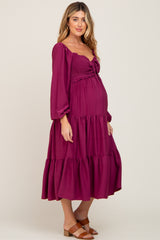 Plum Smocked Tiered Maternity Midi Dress