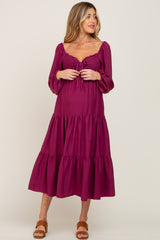 Plum Smocked Tiered Maternity Midi Dress