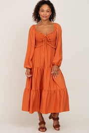 Orange Smocked Tiered Midi Dress