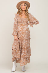 Taupe Floral Cutout Smocked Tiered Maternity Maxi Dress