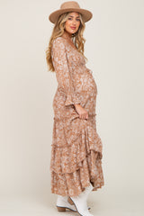 Taupe Floral Cutout Smocked Tiered Maternity Maxi Dress