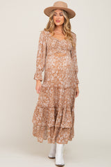 Taupe Floral Cutout Smocked Tiered Maternity Maxi Dress