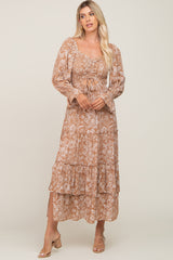 Taupe Floral Cutout Smocked Tiered Maternity Maxi Dress