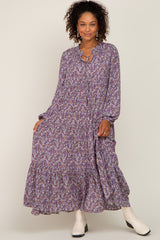 Purple Floral Tiered Long Sleeve Dress