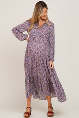 Purple Floral Tiered Long Sleeve Maternity Dress