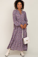 Purple Floral Tiered Long Sleeve Dress