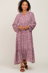 Magenta Floral Tiered Long Sleeve Maternity Dress