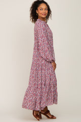 Magenta Floral Tiered Long Sleeve Dress