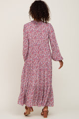 Magenta Floral Tiered Long Sleeve Dress